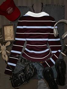 Attitoon Women's Striped Print Embroidered Slim Fit Casual Long Sleeve T-Shirt - White - View 2