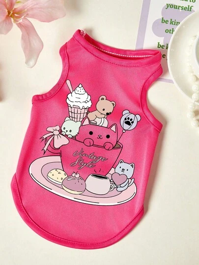 PETSIN 1pc Cup Cat Print Pet Vest, Breathable And Skin Friendly, Rose Red Style