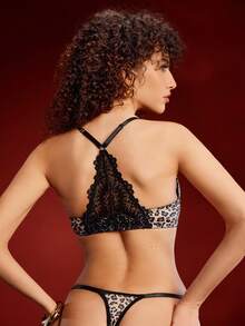 Leopard Print Lace Patchwork Racerback Padded Bra Set, Special Craftsmanship - Multicolor - View 3
