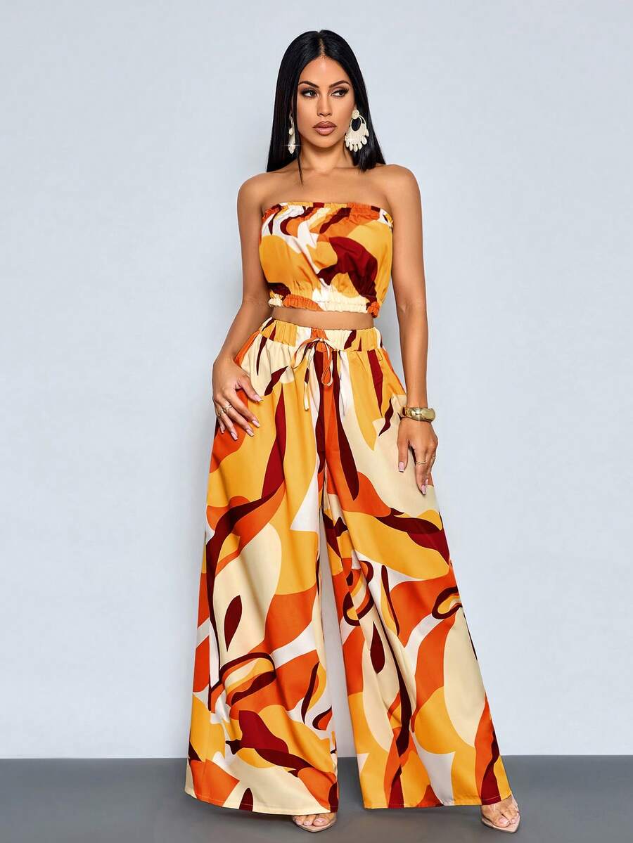 SOLERSUN Irregular Patterned Print Casual 2-Piece Set With Simple Top And Loose Pants, Suitable For Elegant Gatherings, Vacations, Music Festivals, Beach Outings, Sunbathing, And Daily Wear - Orange - View 1