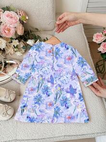 Baby Girl's Light Blue Floral Arabian Robe,Elegant Jalabiya For Wedding Guest,Autumn Long-Sleeved Kaftan Dress,Traditional Arabic Clothing & Outfits - Multicolor - View 2