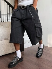 Manfinity EMRG 男士休闲街头风多口袋拉链褶皱黑色牛仔短裤 - 黑色 - 查看 7
