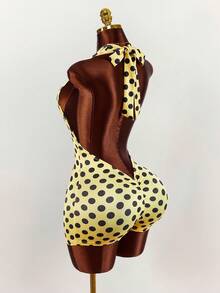 Amplova Women's Yellow & Black Polka Dot Halter Tie Backless Romper, Sexy Tight-Fitting Y2K Retro Polka Dot Print, Cute Ruched Back Detail - Multicolor - View 1