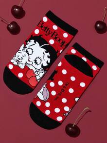 Betty Boop x SHEIN 3 双柔软透气吸湿排汗休闲女士短袜，樱桃图案，时尚可爱黑白红，女士短袜，加固脚趾和脚跟，经久耐用，适合所有季节，适合夏季冬季 - 彩色 - 查看 9