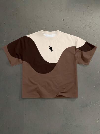 StoneGrade Camiseta de manga corta con estampado de onda de bloque de color Merrald, de corte holgado, para hombre. Esencial para citas y reuniones, regalo de pareja de moda para el novio