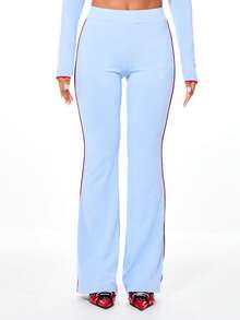 BABYPHAT Script Flare Leggings High Rise Wide Leg Sweatpants With Red Piping Contrast Detail Fall Winter Casual Pants - Baby Blue - View 4