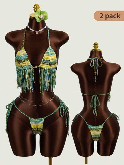 Zestiva Conjunto de vestido de playa estilo bohemio sexy con bloques de color, rayas, flecos y espalda descubierta con lazo delantero para mujer, ideal para el verano