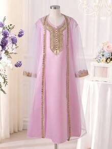 Girls' Traditional Arabic Abaya Dress, Pink & Gold Embroidered Beaded Lace Long Sleeve Robe With Mesh Overlay - Pink - View 5