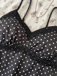 SHEIN Teen Girls Black & White Polka Dot Lace Camisole Elegant White Lace Trim Camisole, Suitable For Summer, Vacation, Casual, Home, Bohemian Style - Black - View 5