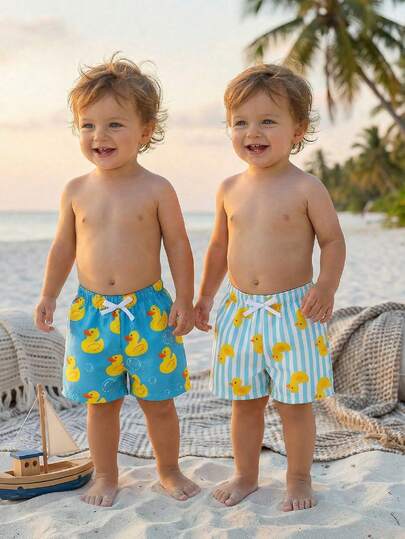 SHEIN 2pcs Baby Boy Summer Casual Vacation Duck Pattern Beach Shorts, Suitable For Beach, Spa, Daily Vacation, Swimming
