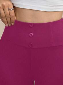 Modelyn Quần legging nữ màu trơn, thiết kế cài nút ở eo, kiểu dáng thường ngày thoải mái. - Màu Hồng Tươi - Xem 5