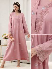 Yasmyna Embroidered Loose Elegant Flared Hem Long Sleeve Dress For Women - Pink - View 3