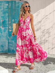 Vivid Eden 女士印花荷叶边下摆吊带长裙 - 玫紅色 - 查看 10