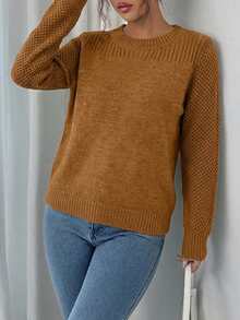 Women's Solid Color Round Neck Long Sleeve Casual Pullover Sweater, Autumn/Winter - Redwood - View 3