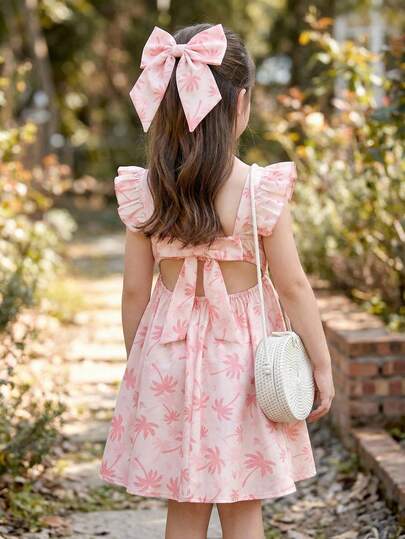 Cozy Pixies Vestido de estilo vacacional de niña joven con estampado de palmeras en todo el diseño, decoración de lazo desmontable y espalda hueca