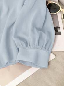 Seusyu 1pc Women Off Shoulder Tie-Neck Floral Embroidery Long Sleeve Blouse - Baby Blue - View 4