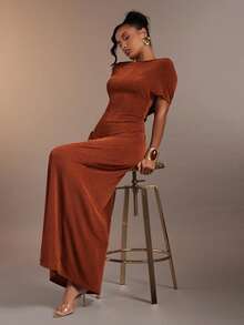 Hauture Đầm maxi cổ cao xếp ly gợi cảm dành cho nữ với điểm nhấn là những chiếc vòng trang trí sành điệu. - Cà phê nâu - Xem 5