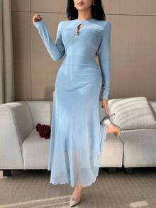 DAZY Vestido Midi Elegante Feminino de Cor Sólida com Recortes Vazados e Pregas, Vestido de Convidada de Casamento Primavera/Verão Vestido Longo Vestido Casual - Azul - Visão 6