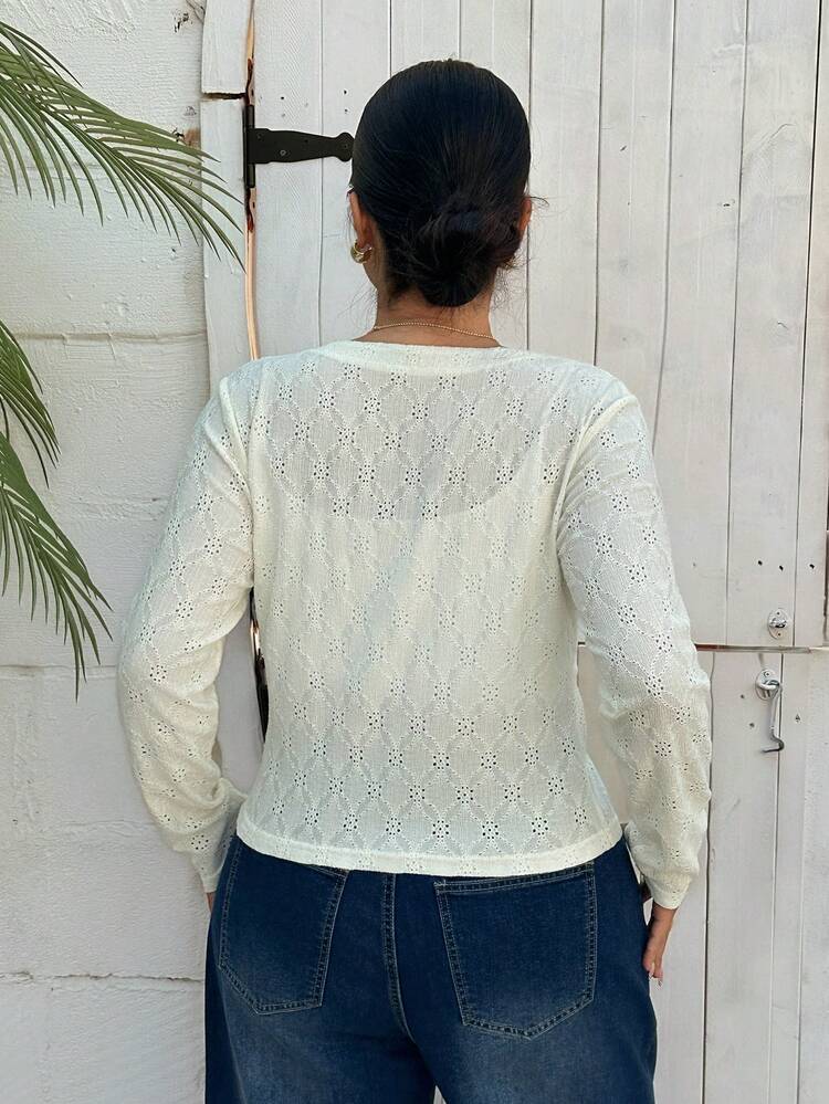 Dazy Plus Plus Size Women Casual Business Chic Textured Hollow Out Jacquard Cardigan T-Shirt, Suitable For Spring And Summer Long Sleeve Tops Plus Size Women