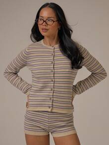 MUSERA Stripe Knit Button Through Fitted Long Sleeve Top Spring Summer Cute Cosy Cottage Core Spring Dew - Multicolor - View 5