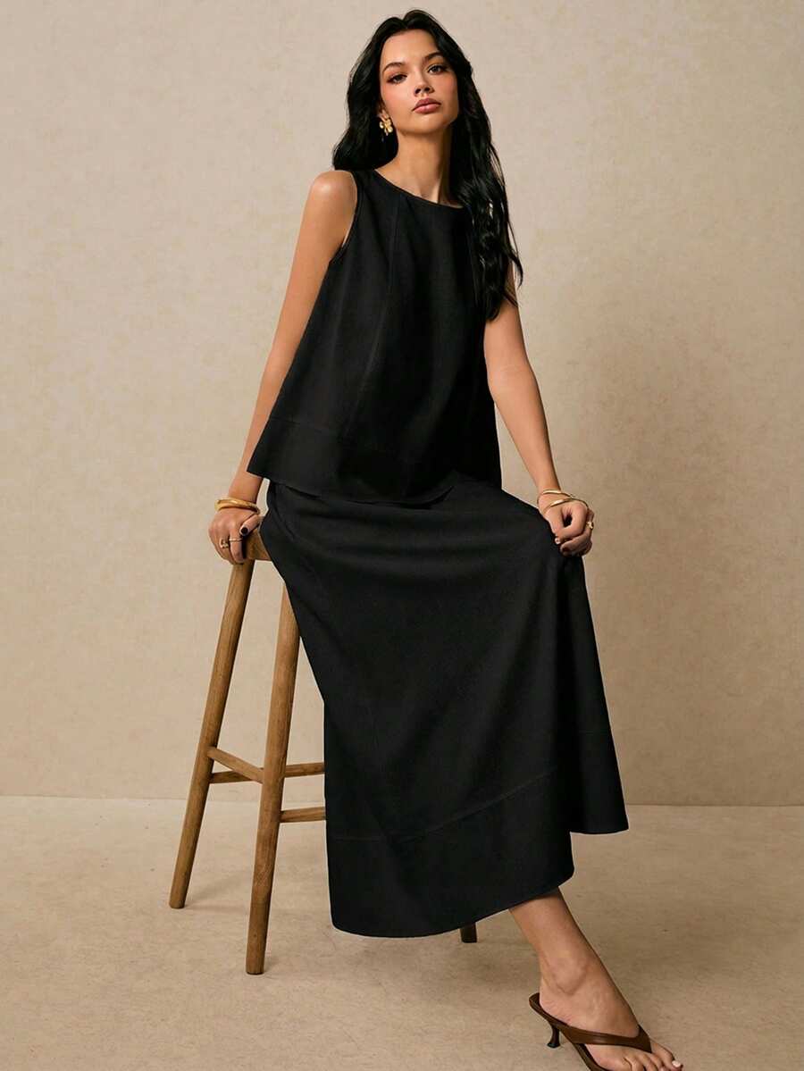 Poéselle 女款純黑色無袖細肩帶梭織面料上衣與裙子兩件套休閒極簡風早午餐夏季套裝 - 黑色 - 查看 1