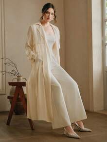 Anewsta Apricot Trench Coat, Mid-Length Women's Loose Flowy Shirt Dress, Slim Fit, Versatile, Lightweight Jacket For Spring & Autumn - Beige - View 7