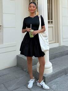 Muchica Women's New Ruffle Hem Short Sleeve Mini Dress, Summer - Black - View 4