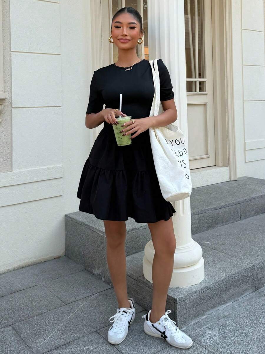 Muchica Women's New Ruffle Hem Short Sleeve Mini Dress, Summer - Black - View 1