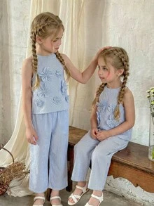 Toddler Blue & White Striped Halter Top & 3D Flower Long Pants T-Shirt Set, Suitable For Travel, Vacation, And Daily Wear - Baby Blue - View 3