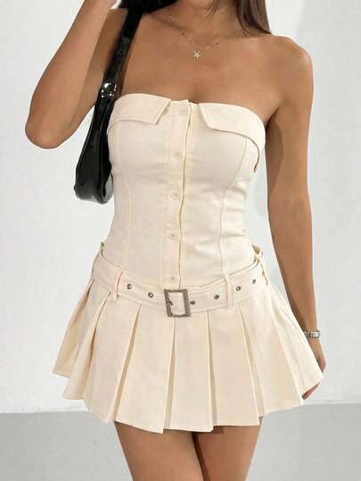 SHEIN EZwear Vestido minimalista sin tirantes y de una sola hilera en color albaricoque, adecuado para el verano