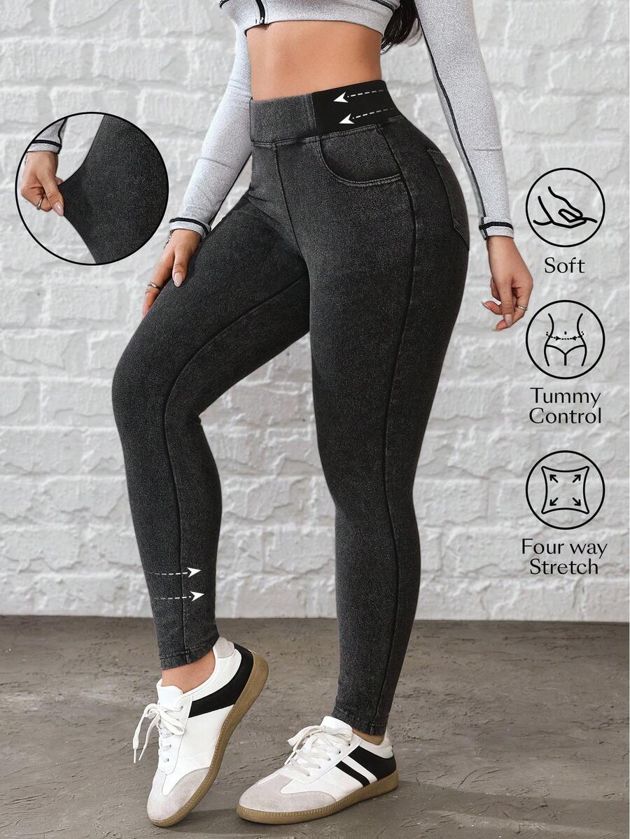 Flexra 女士休闲高腰修身牛仔裤，适合日常通勤 - 黑色 - 查看 1