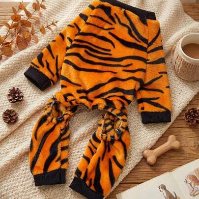 PETSIN 1件宠物虎纹抓绒保暖连体衣，适用于猫狗