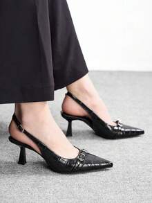 CUCCOO BIZCHIC 女士黑色纹理通勤休闲简约纯色露跟细高跟鞋 - 黑色 - 查看 4