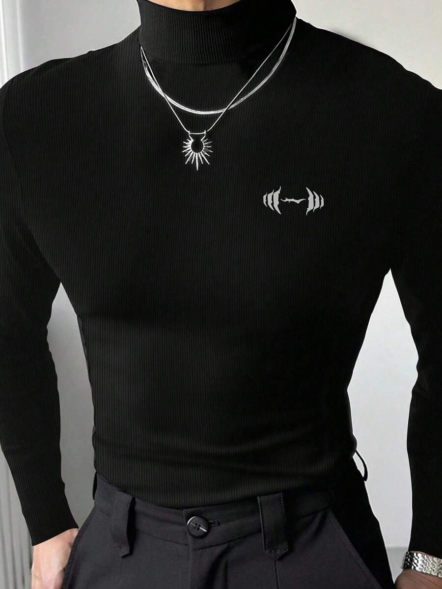 Manfinity Sport PWRUP Men's Casual Barbell Print Turtleneck Long Sleeve Slim Fit Athletic T-Shirt, Autumn/Winter - Black - View 1