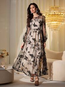 Modelyn Butterfly Jacquard Mesh Lantern Sleeve Cinched Waist Dress For Women - Black - View 4