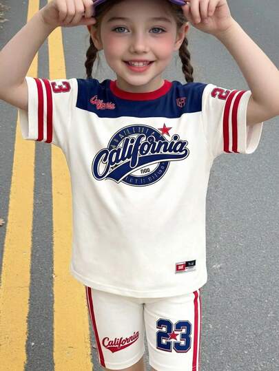 SHEIN 2pcs/Set Girls' Casual Short Sleeve Top And Shorts Set, Suitable For Summer Spring/Summer Casual Wear, Perfect For Outings, Street Style & Hip-Hop Vibes, Effortlessly Comfortable Fashionable Girls' Casual Wear, New Arrivals Back-To-School Season