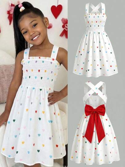 SHEIN Tween Girls White Heart Print Camisole Waist A-Line Bowknot Backless Casual Vacation Dress
