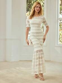 MOTF PREMIUM WOMEN'S HEAVY CONTRAST LACE HOLLOW-OUT SHORT SLEEVE DRESS - Apricot - View 4