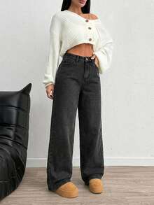 EURMUSE Damen High Waist Jeans mit Taschen und weitem Bein, lässig und vielseitig - Dunkelgrau - Übersicht 4