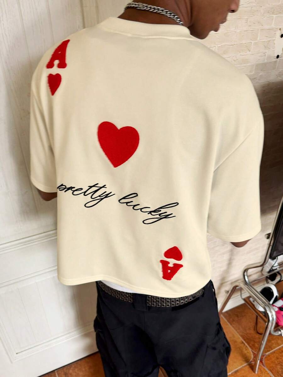 PAVTROS Men's Casual Everyday Commute Fashion Street Poker Card & Heart Letter Graphic Loose Fit T-Shirt, Summer Beige Graphic Tee Men S Cropped Graphic Shirts Queen Of Hearts Shirt - Apricot - View 1