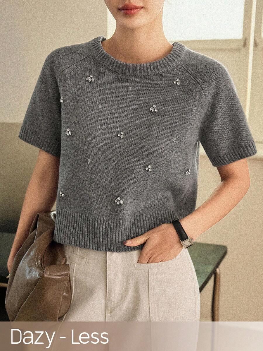 Dazy-Less Women's Casual Rhinestone Embellished Sweater, Suitable For Spring, Summer, Valentine's Day, Office Wear, Grey - Grey - View 1