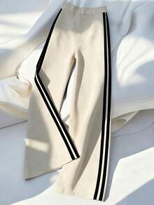 Franclia Women's Fashion Casual Elegant Suede-Like Brown Contrast Trim Wide Leg Pants, Autumn/Winter - Apricot - View 2