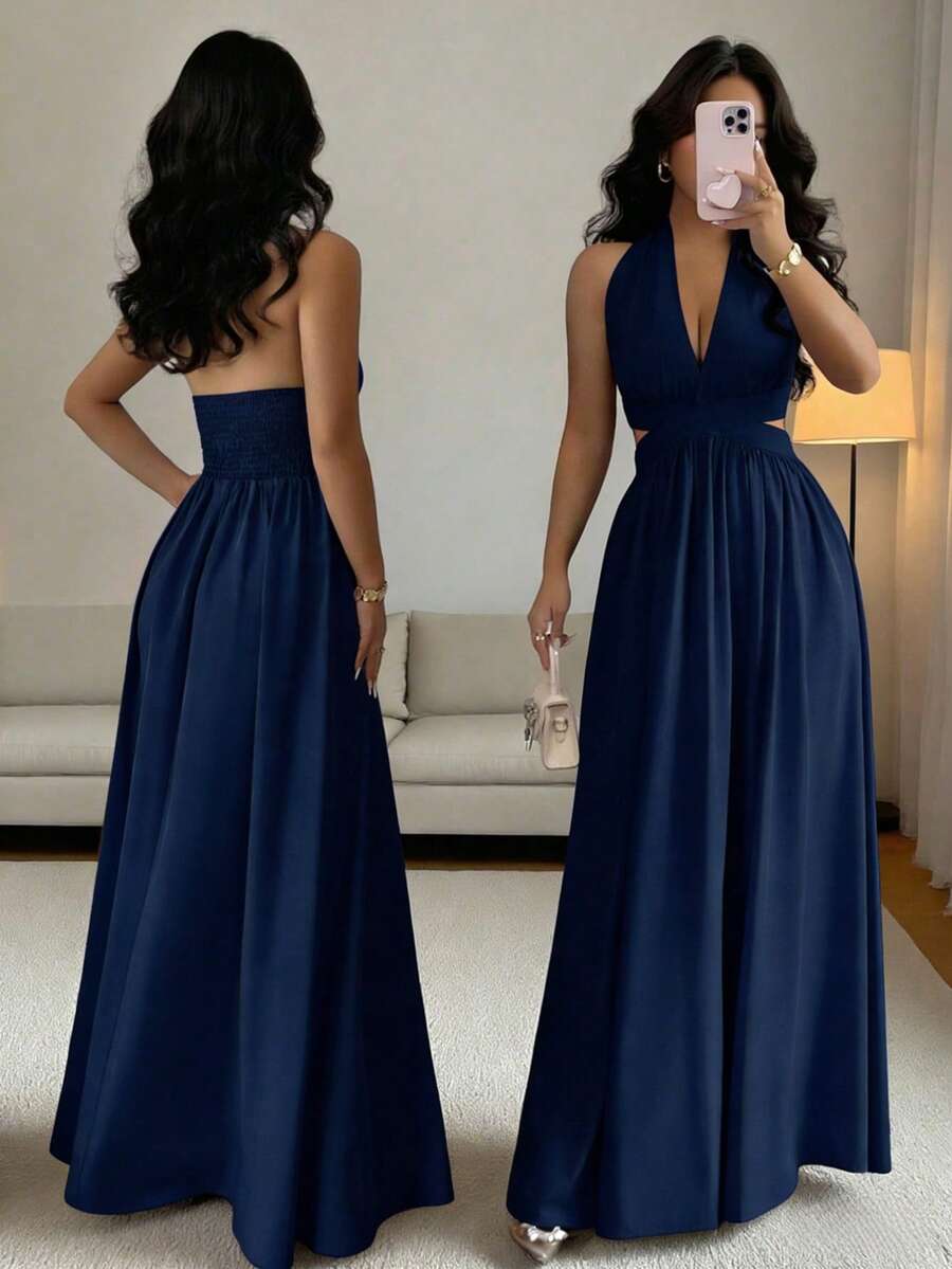 Rafferiza Đầm dài thanh lịch không tay cổ chữ V, thiết kế khoét eo, xếp ly, màu tím, hàng mới về mùa xuân/hè, đầm dài duyên dáng dành cho nữ. - Màu xanh hải quân - Xem 1