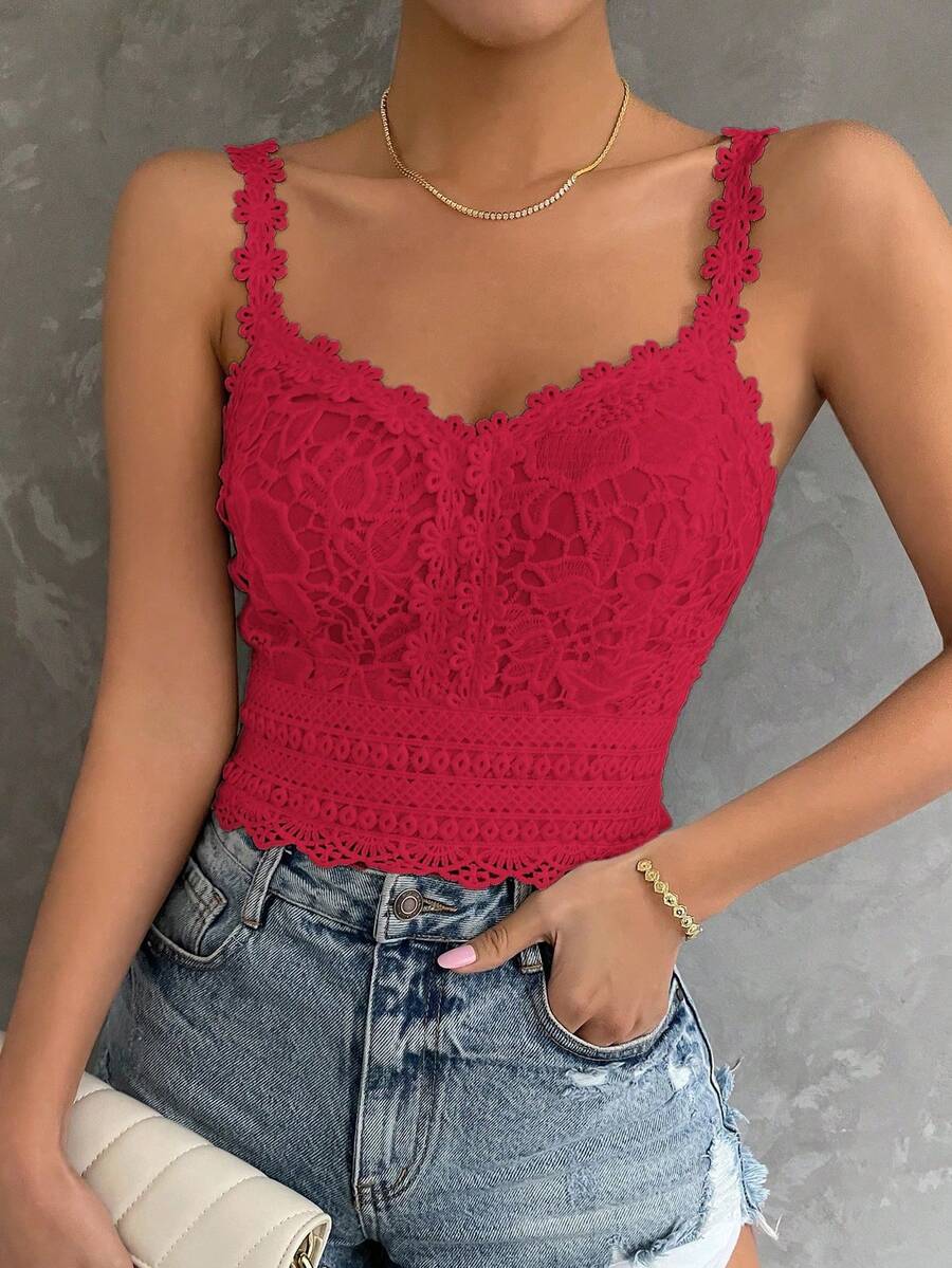 SHEIN Clasi 女士优雅度假风水溶性蕾丝修身吊带背心,夏季 - 紅色 - 查看 1