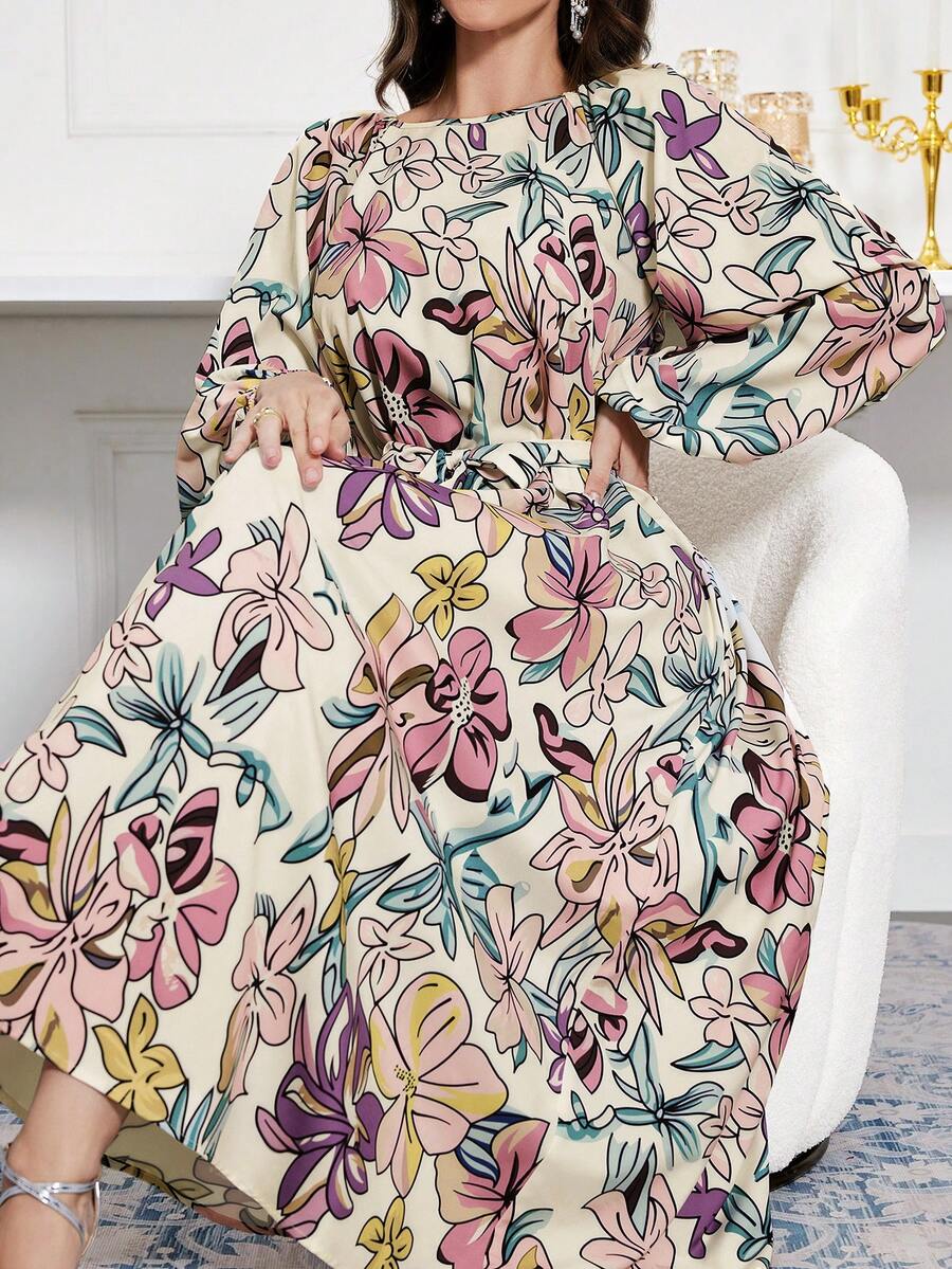 Modelyn Women's Casual All-Over Print Round Neck Long Sleeve Dress - Multicolor - View 1