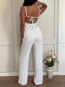 Lowkey Lull Women's Polka Dot Print Lace Patchwork Camisole And Long Pants Pajama Set - White - View 6