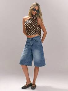 SHEIN ICON Áo kiểu nữ cổ điển gợi cảm, thanh lịch, họa tiết chấm bi, hở lưng, cổ yếm, thích hợp cho mùa xuân hè. - màu nâu - Xem 4