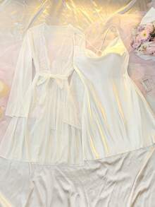 DelicateAllure French Romantic Sheer Lace Patchwork Satin Robe & Backless Satin Nightgown Set, Sexy Plus Size Lingerie - White - View 6