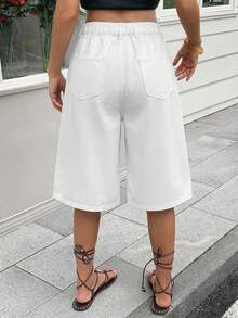 SHEIN Quần short Bermuda xếp ly rộng rãi màu trắng dành cho thiếu nữ - trắng - Xem 2