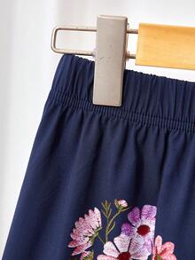 两件套：少女印花泡泡袖衬衫和不对称纽扣裙，舒适的春夏度假装 - 藏蓝色 - 查看 6